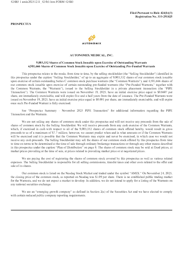 Autonomix Medical Inc美股招股说明书(2025-12-12版)