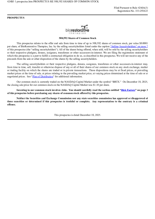 BioRestorative Therapies Inc美股招股说明书(2025-12-12版)