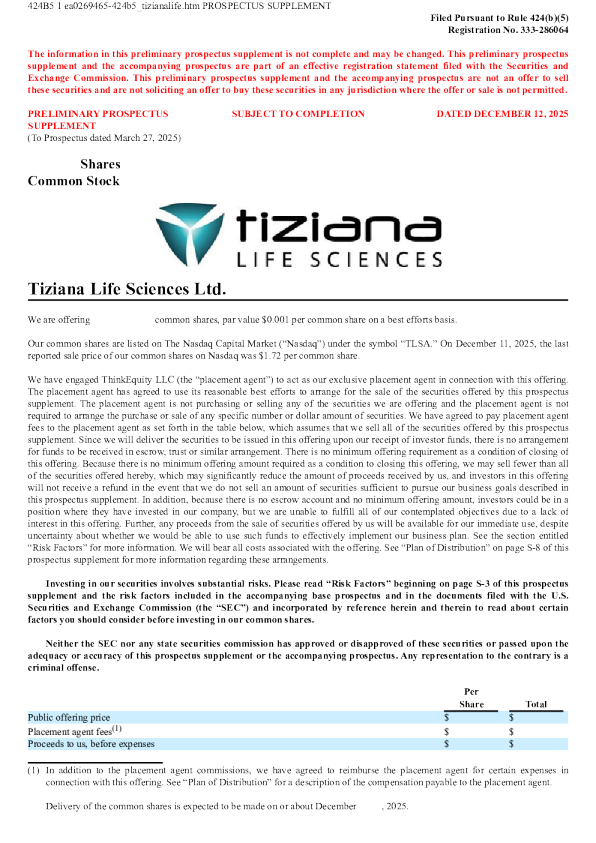 Tiziana Life Sciences Ltd美股招股说明书(2025-12-12版)