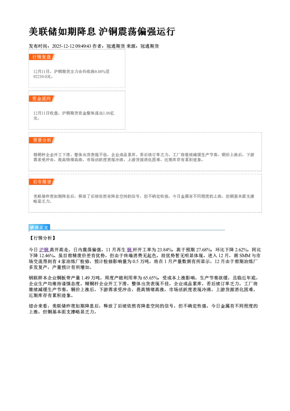 美联储如期降息 沪铜震荡偏强运行
