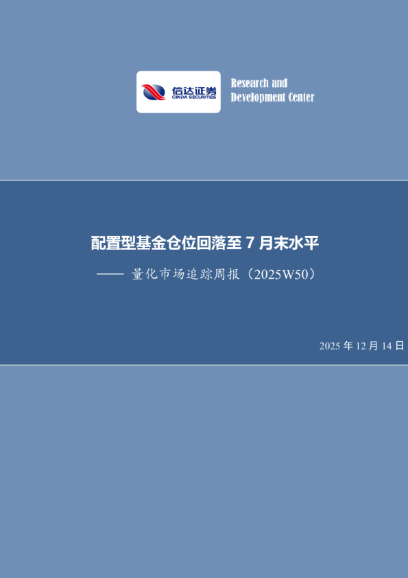 量化市场追踪周报(2025W50):配置型基金仓位回落至7月末水平