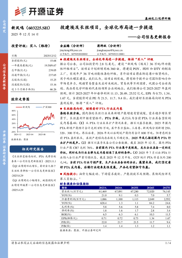 公司信息更新报告:投建埃及长丝项目,全球化布局进一步提速
