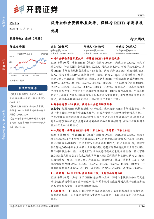 提升全社会资源配置效率,保障房REITs单周表现优异