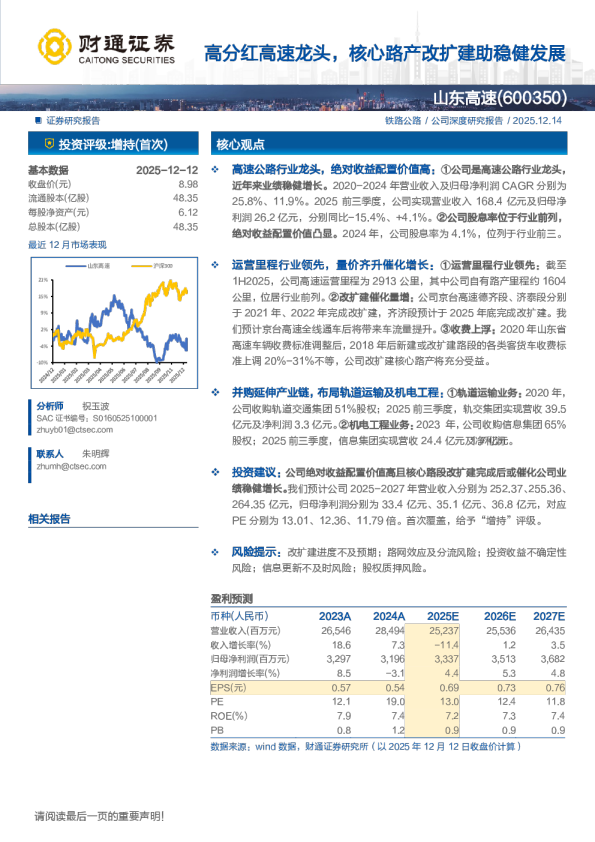 山东高速(600350)高分红高速龙头，核心路产改扩建助稳健发展