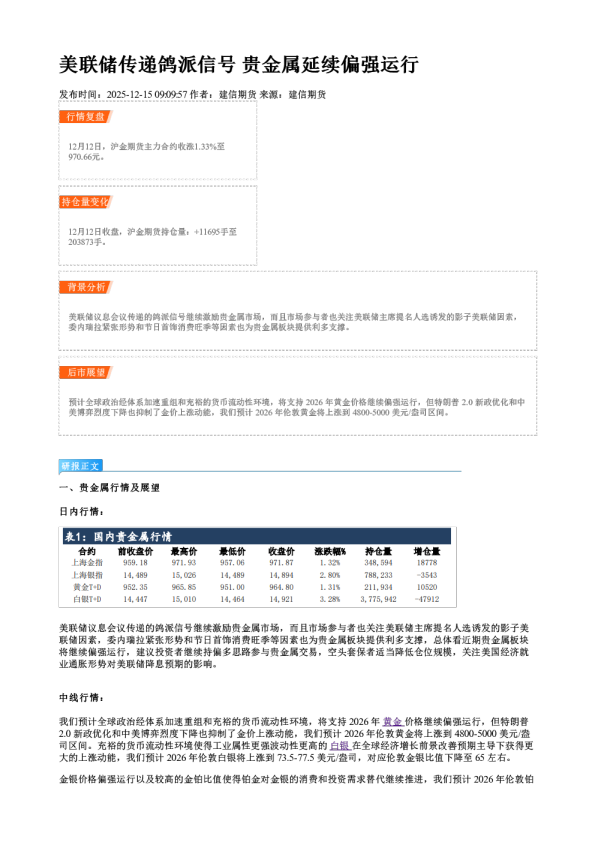 美联储传递鸽派信号 贵金属延续偏强运行