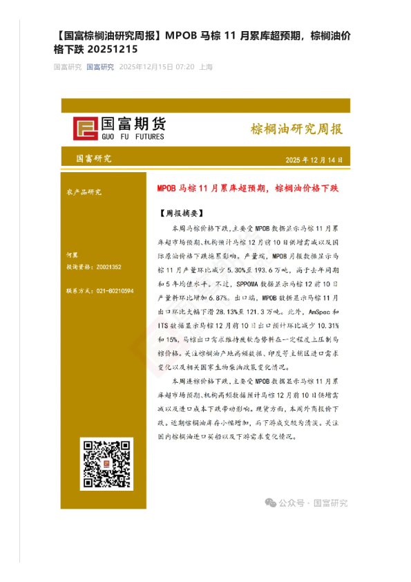 MPOB马棕11月累库超预期，棕榈油价格下跌20251215
