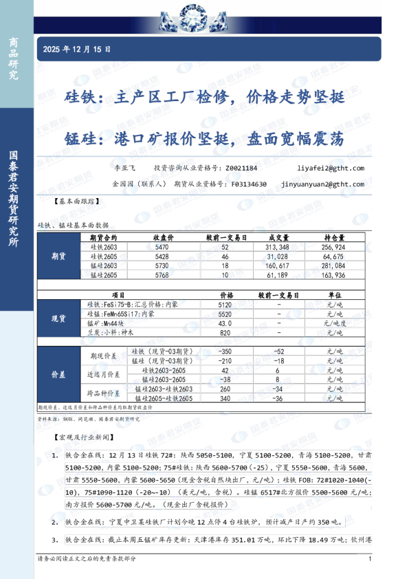 硅铁:主产区工厂检修,价格走势坚挺 锰硅:港口矿报价坚挺,盘面宽幅震荡