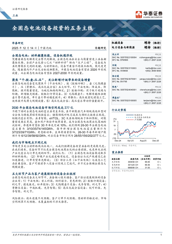 全固态电池设备投资的五条主线