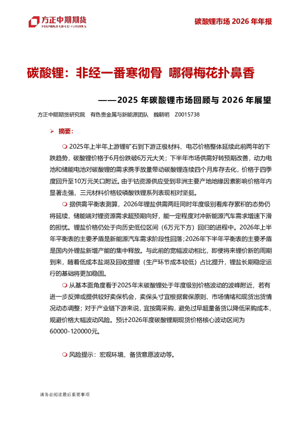 ——2025年碳酸锂市场回顾与2026年展望:碳酸锂:非经一番寒彻骨哪得梅花扑鼻香