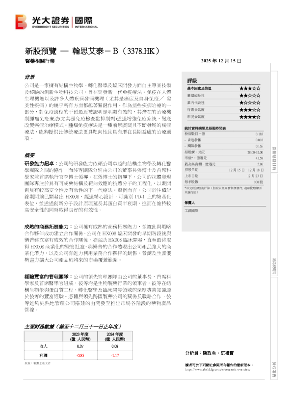 新股预览:翰思艾泰-B