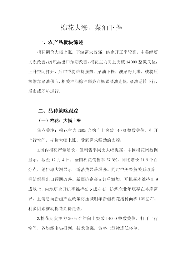 棉花大涨、菜油下挫