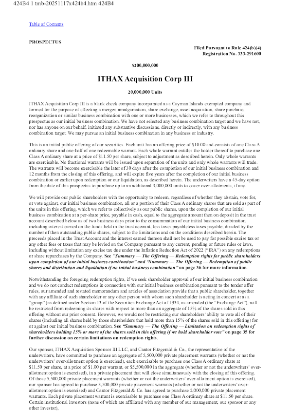 ITHAX Acquisition Corp III-A美股招股说明书(2025-12-15版)