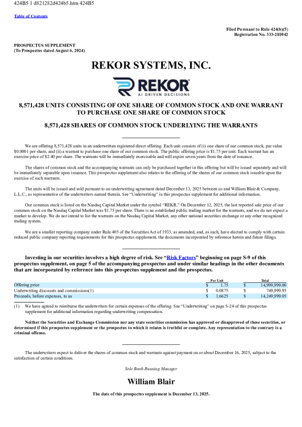 Rekor Systems Inc美股招股说明书(2025-12-15版)