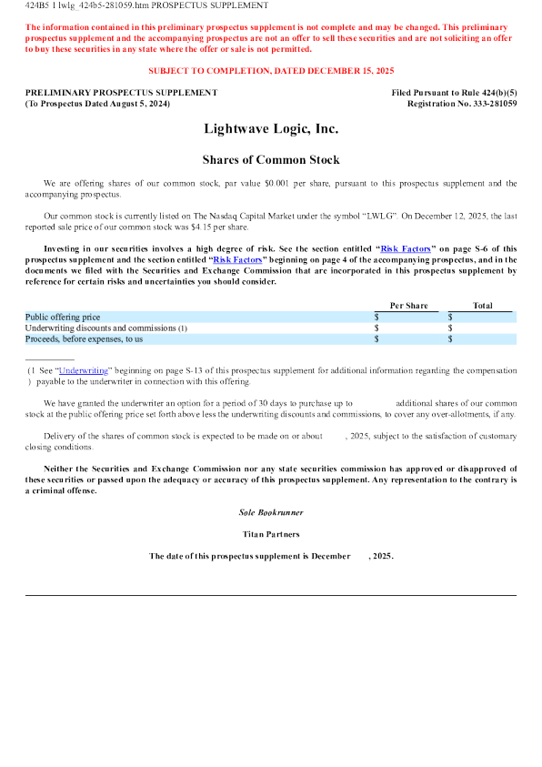Lightwave Logic Inc美股招股说明书(2025-12-15版)