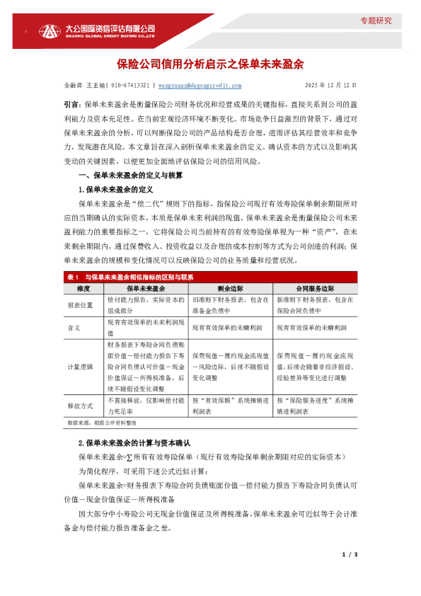保险公司信用分析启示之保单未来盈余