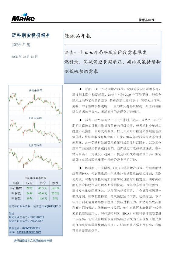 能源品年报：沥青：十五五开局年或有阶段需求爆发 燃料油：高硫供应长期承压，减排政策持续抑制硫船燃需求