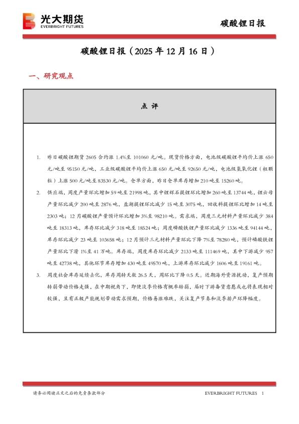 碳酸锂日报(2025 年 12 月 16 日)