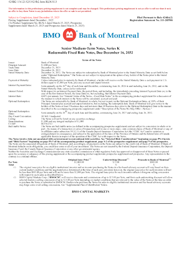 蒙特利尔银行美股招股说明书(2025-12-16版)
