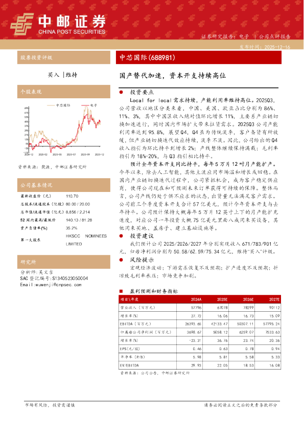 中芯国际(688981)：国产替代加速 资本开支持续高位