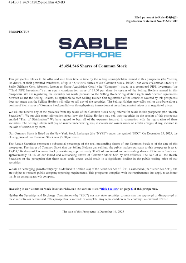 Sable Offshore Corp美股招股说明书(2025-12-16版)