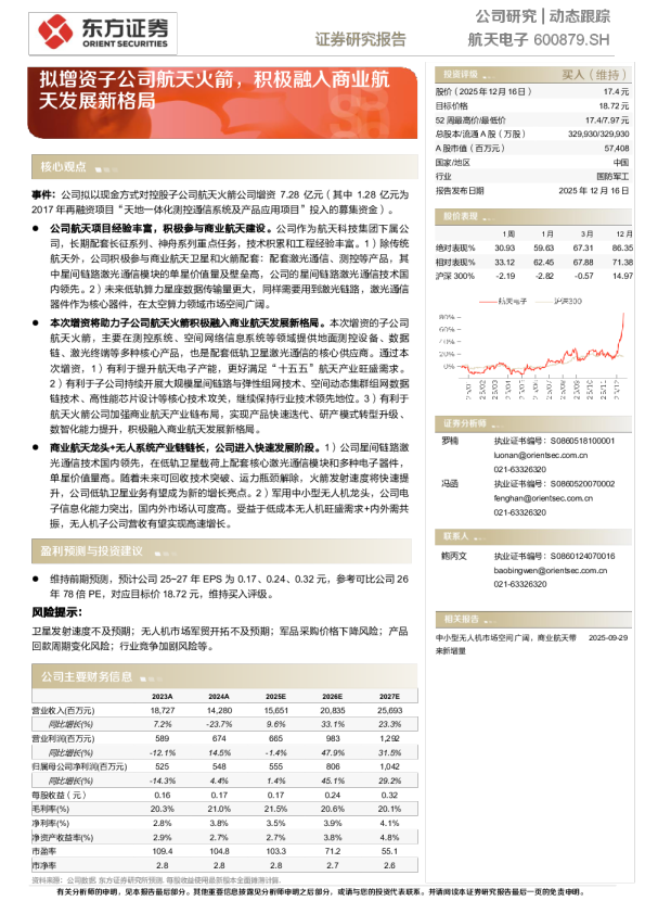 拟增资子公司航天火箭，积极融入商业航天发展新格局