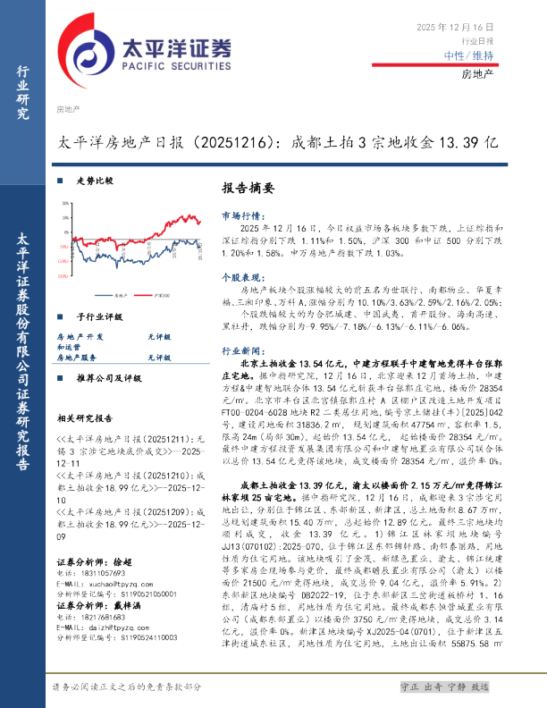 房地产日报:成都土拍3宗地收金13.39亿