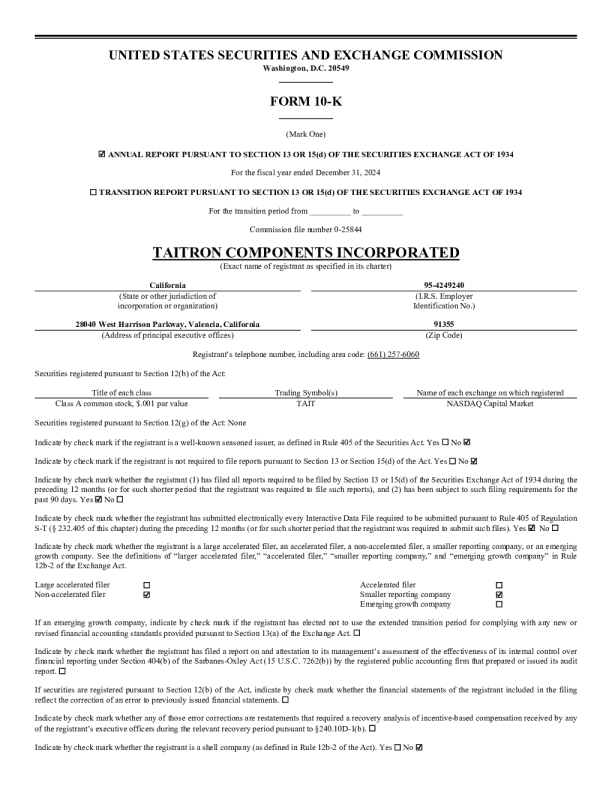 Taitron components inc 2024年度报告