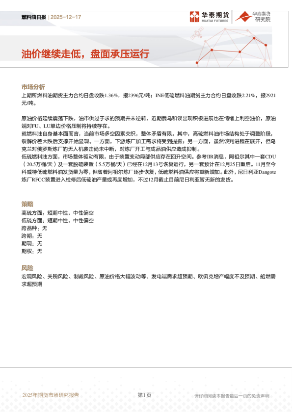 燃料油日报：油价继续走低，盘面承压运行