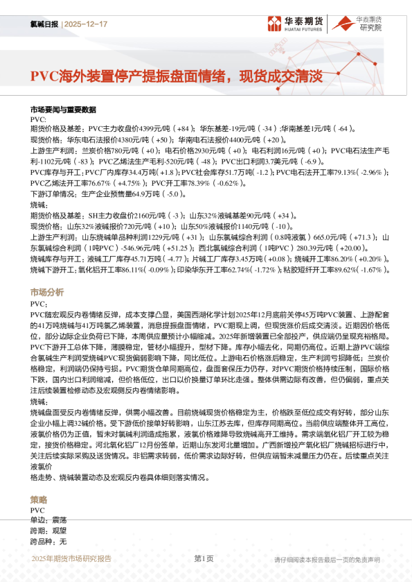 氯碱日报：PVC海外装置停产提振盘面情绪，现货成交清淡
