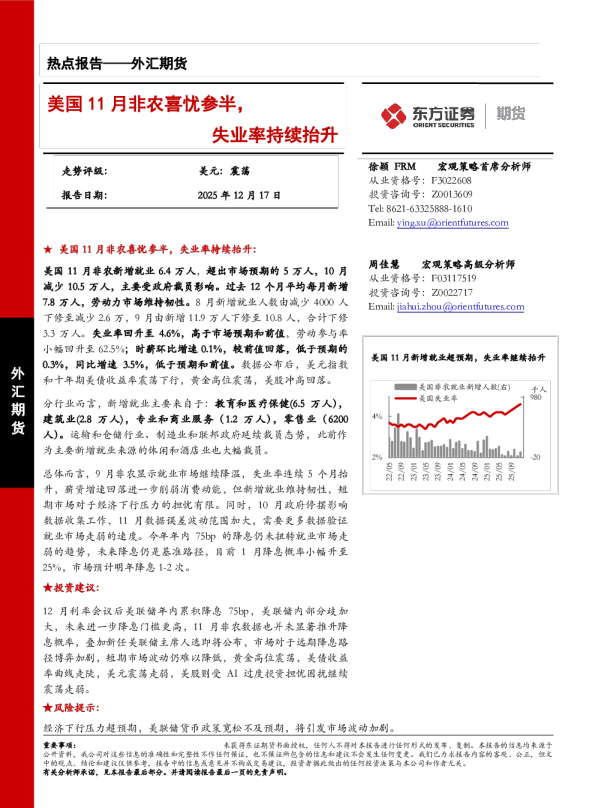 美国11月非农喜忧参半，失业率持续抬升