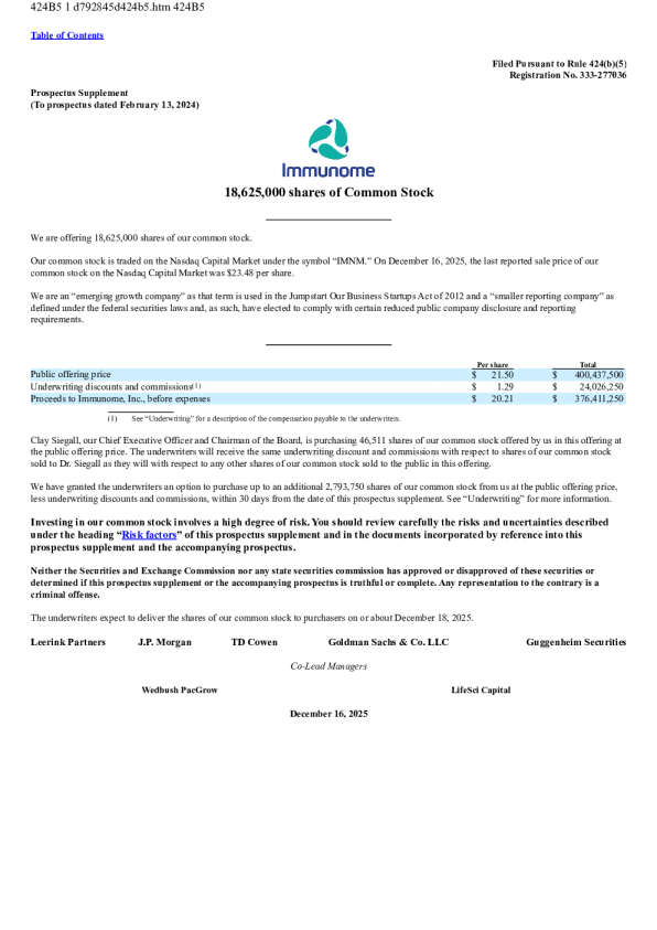Immunome Inc美股招股说明书(2025-12-17版)