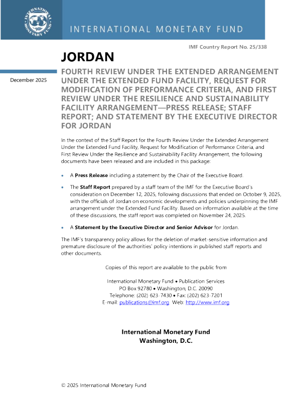 约旦:根据扩展基金机制下的扩展安排进行的第四次审查、修改绩效标准的请求和根据弹性和可持续性机制安排进行的第一次审查新闻稿;员工报告;约旦执行主任的发言