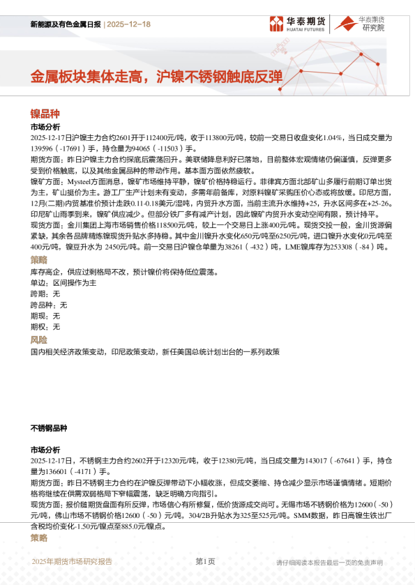 新能源及有色金属日报:金属板块集体走高,沪镍不锈钢触底反弹