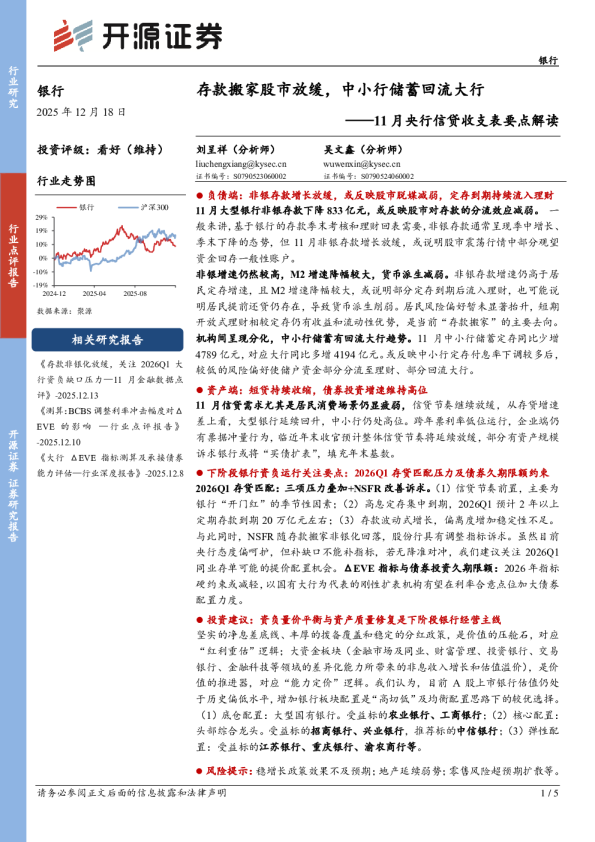 银行业11月央行信贷收支表要点解读:存款搬家股市放缓,中小行储蓄回流大行