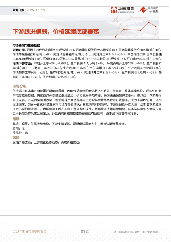 丙烯日报:下游跟进偏弱,价格延续底部震荡