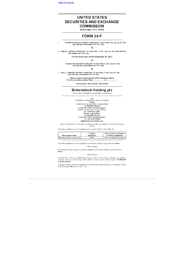 Birkenstock Holding plc 2025年年度报告和过渡报告