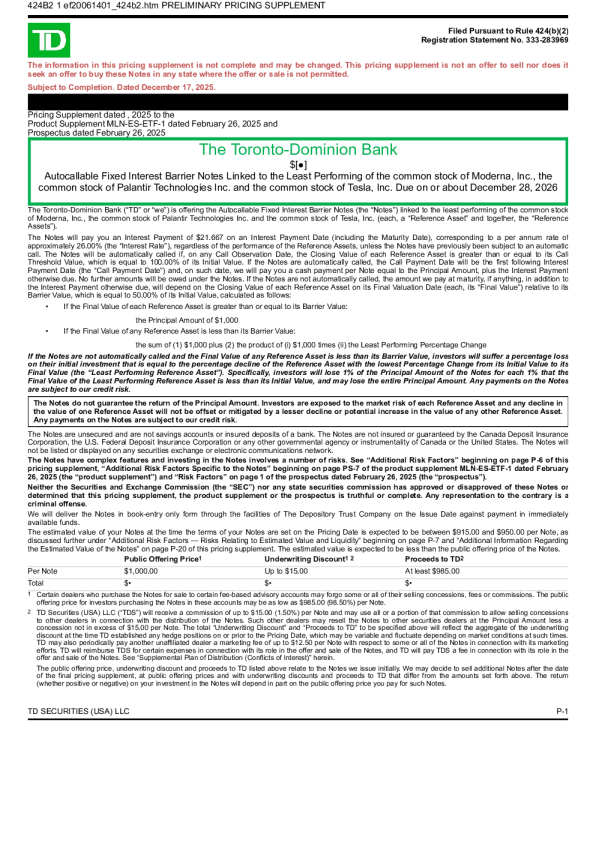 道明银行美股招股说明书(2025-12-18版)