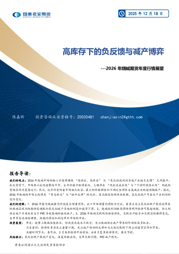 2026年烧碱期货年度行情展望:高库存下的负反馈与减产博弈