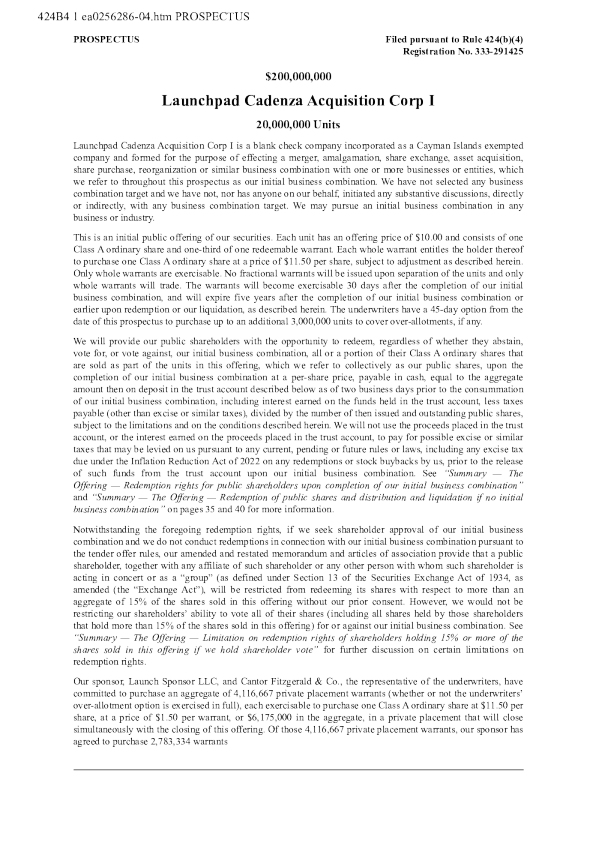 Launchpad Cadenza Acquisition Corp I-A美股招股说明书(2025-12-18版)