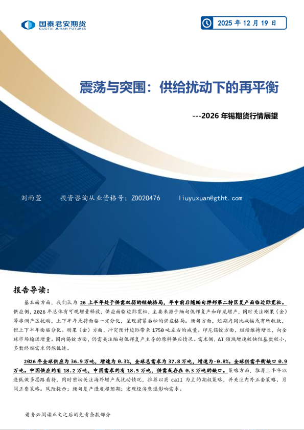 震荡与突围：供给扰动下的再平衡---2026年锡期货行情展望