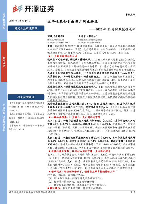 2025年11月财政数据点评：政府性基金支出当月同比转正