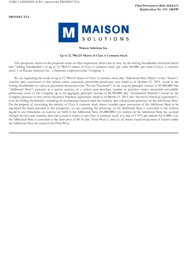 Maison Solutions Inc-A美股招股说明书(2025-12-19版)