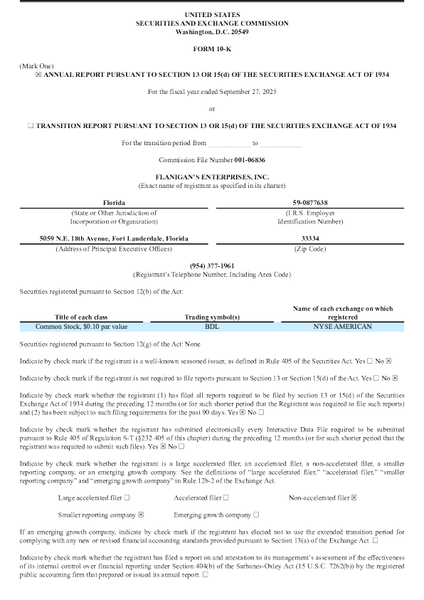 Flanigan's Enterprises Inc 2024年度报告
