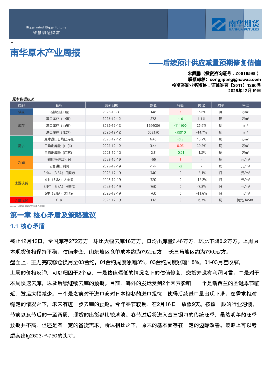 南华原木产业周报：后续预计供应减量预期修复估值