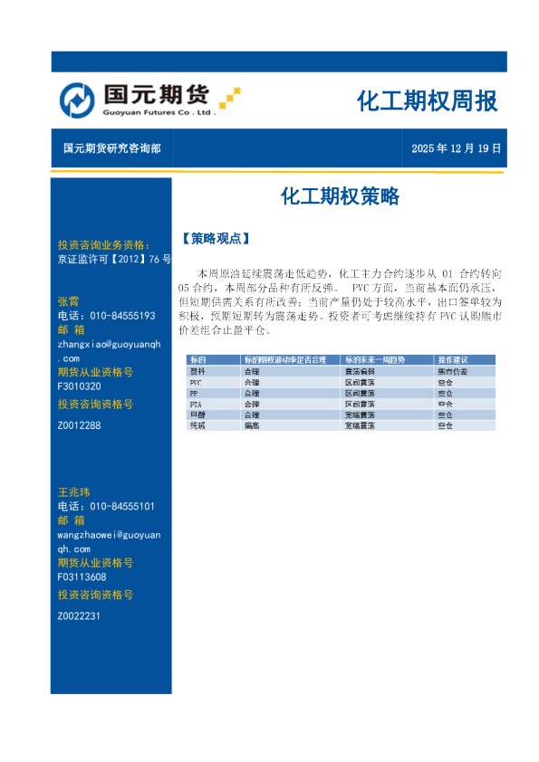 化工期权周报：化工期权策略