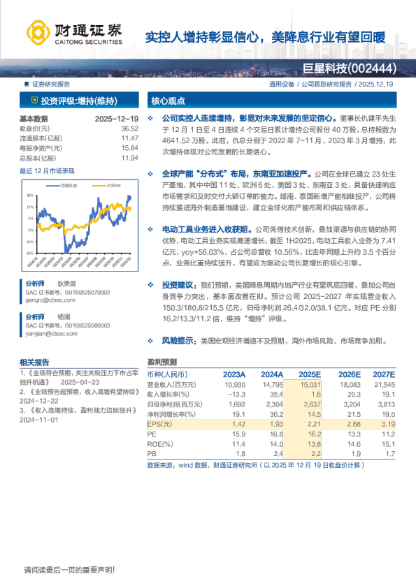 实控人增持彰显信心，美降息行业有望回暖