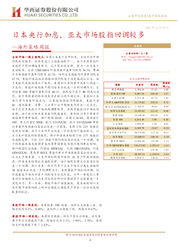 海外策略周报：日本央行加息，亚太市场股指回调较多