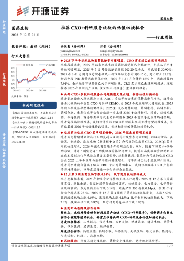 行业周报：推荐CXO+科研服务板块的估值切换机会