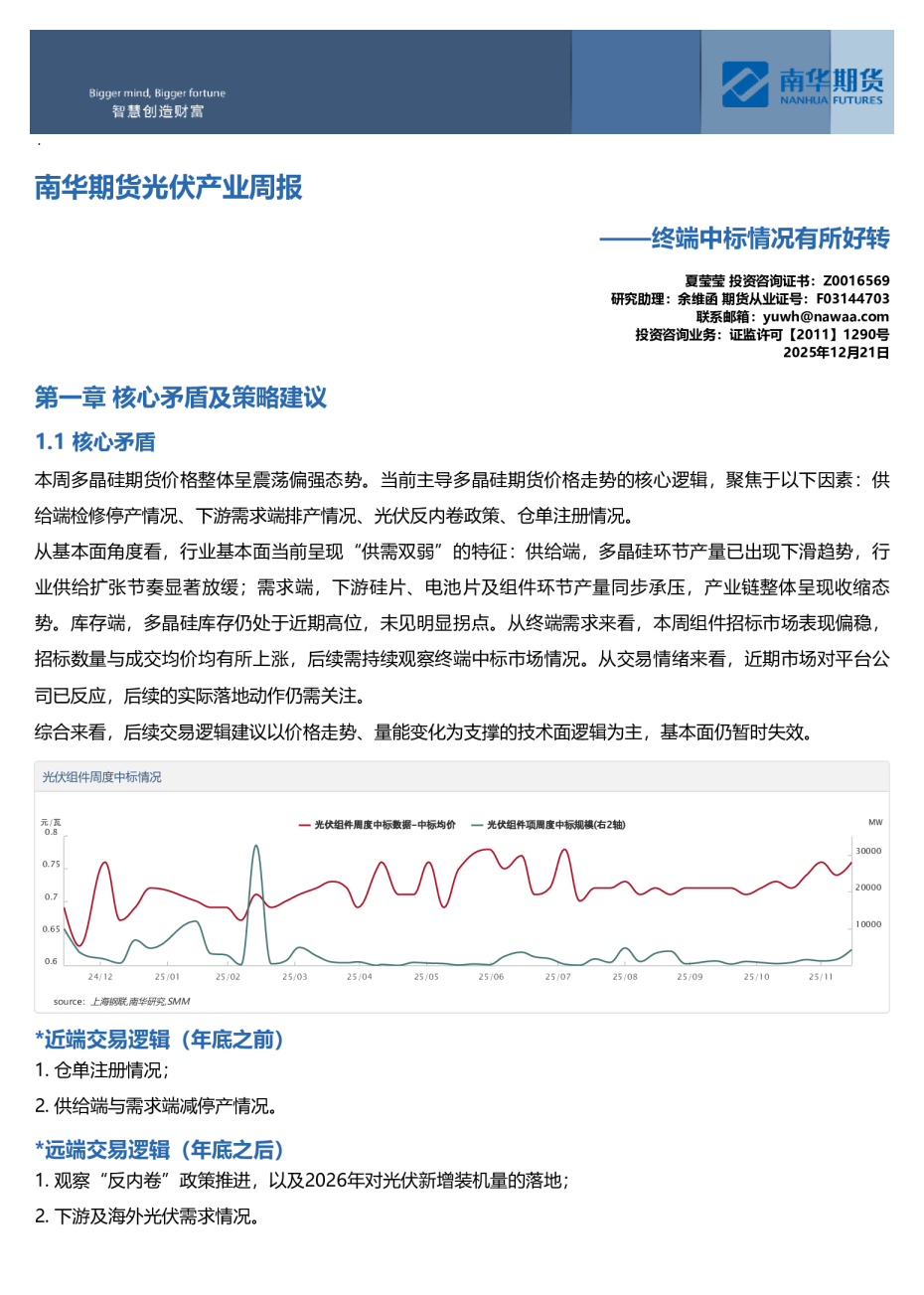 南华光伏产业周报：终端中标情况有所好转20251221