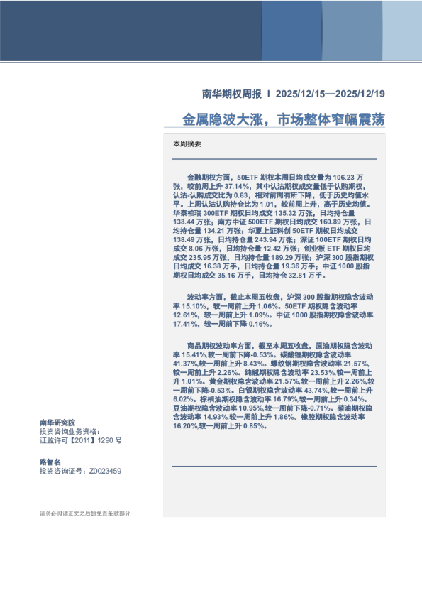 南华期权市场周报：金属隐波大涨，市场整体窄幅震荡